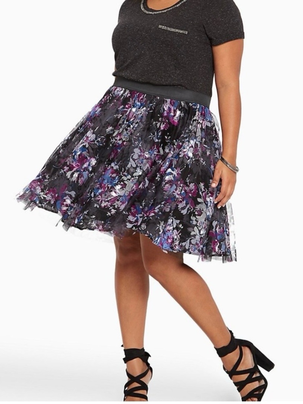 Torrid Floral Mesh Tulle Mini Skirt 1 1X Purple Blue Black Stretch Whimsigoth
